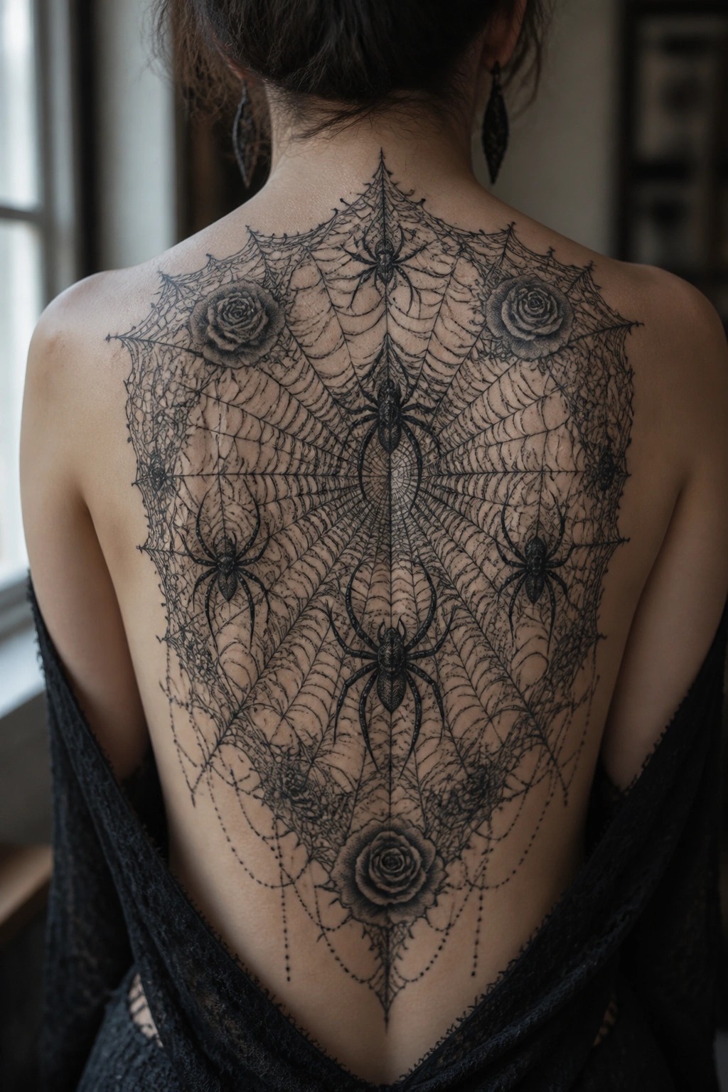 Woman's back featuring a large symmetrical spider web tattoo with multiple spiders and three roses in black ink.