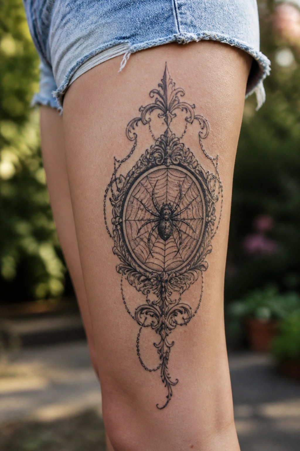 Ornate black spider web tattoo with chains on thigh beneath denim shorts