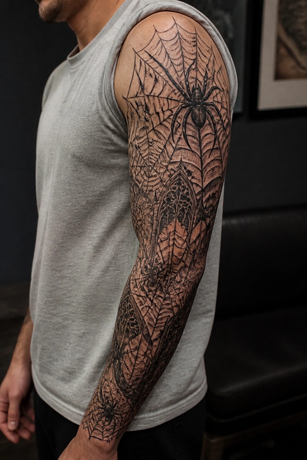 Man in gray tank top with large black spiderweb and gothic tattoo sleeve
