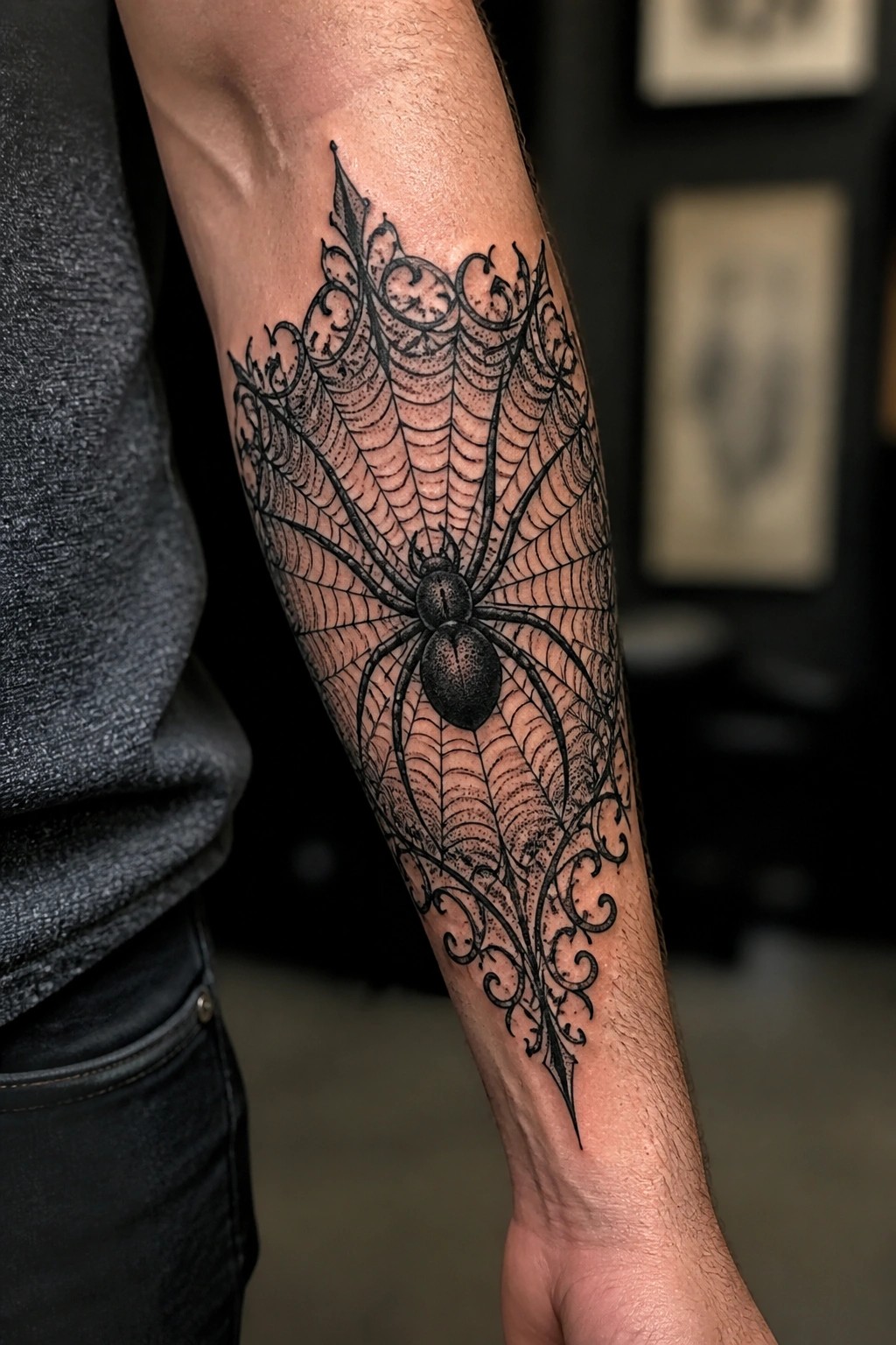 Blackwork spider and web tattoo on the inner forearm with a centered spider and ornate filigree details at the top and bottom edges.