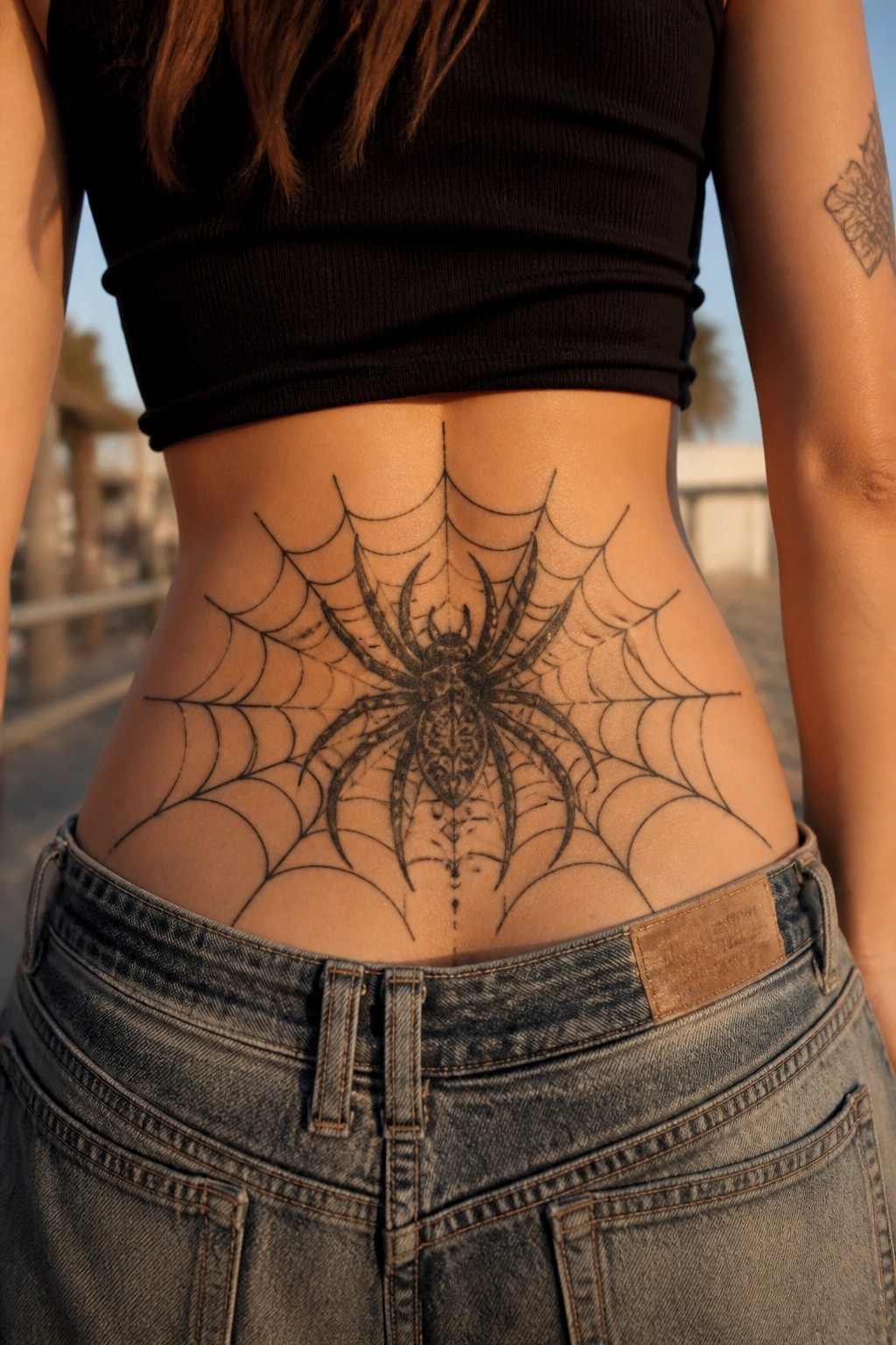Large black and grey spider and web tattoo centered on the lower back above the waistband of jeans.