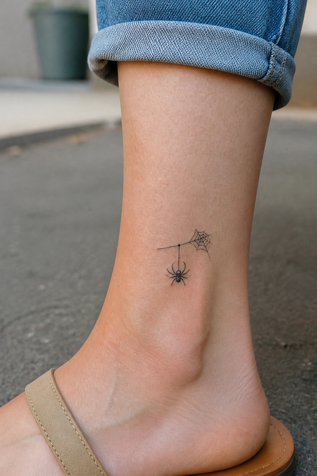Spider and web tattoo on ankle below cuffed blue jeans and sandal.