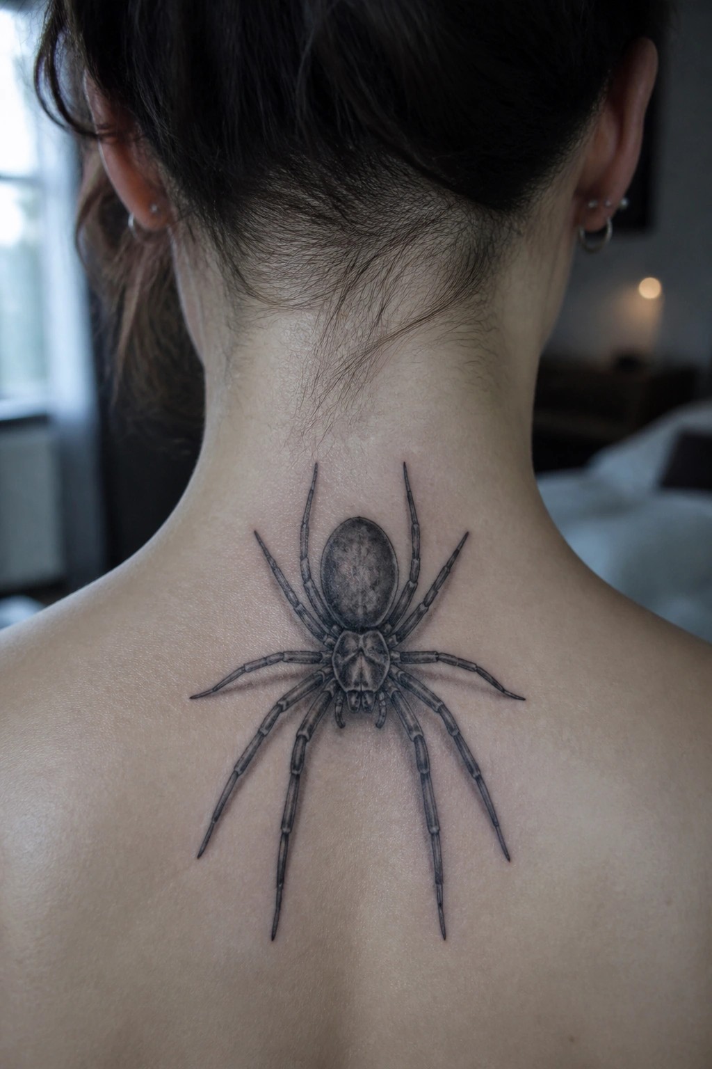 Large realistic spider tattoo on upper back and neck of person with dark hair in bun