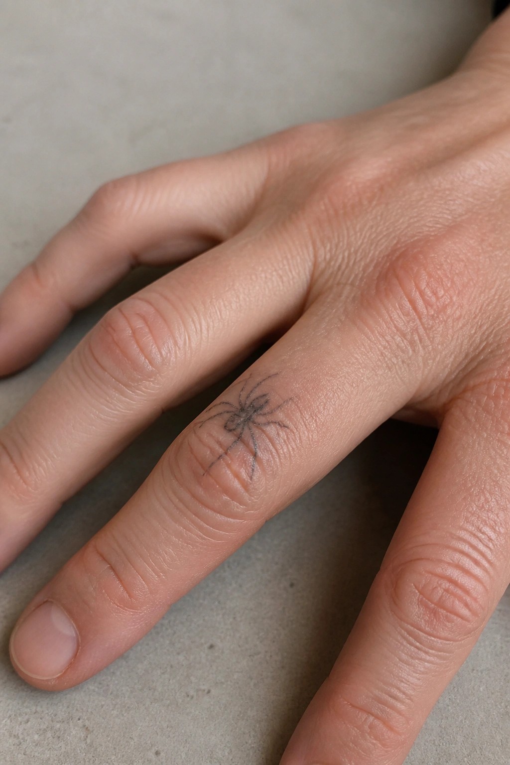 Small black spider tattoo on the side of a finger.