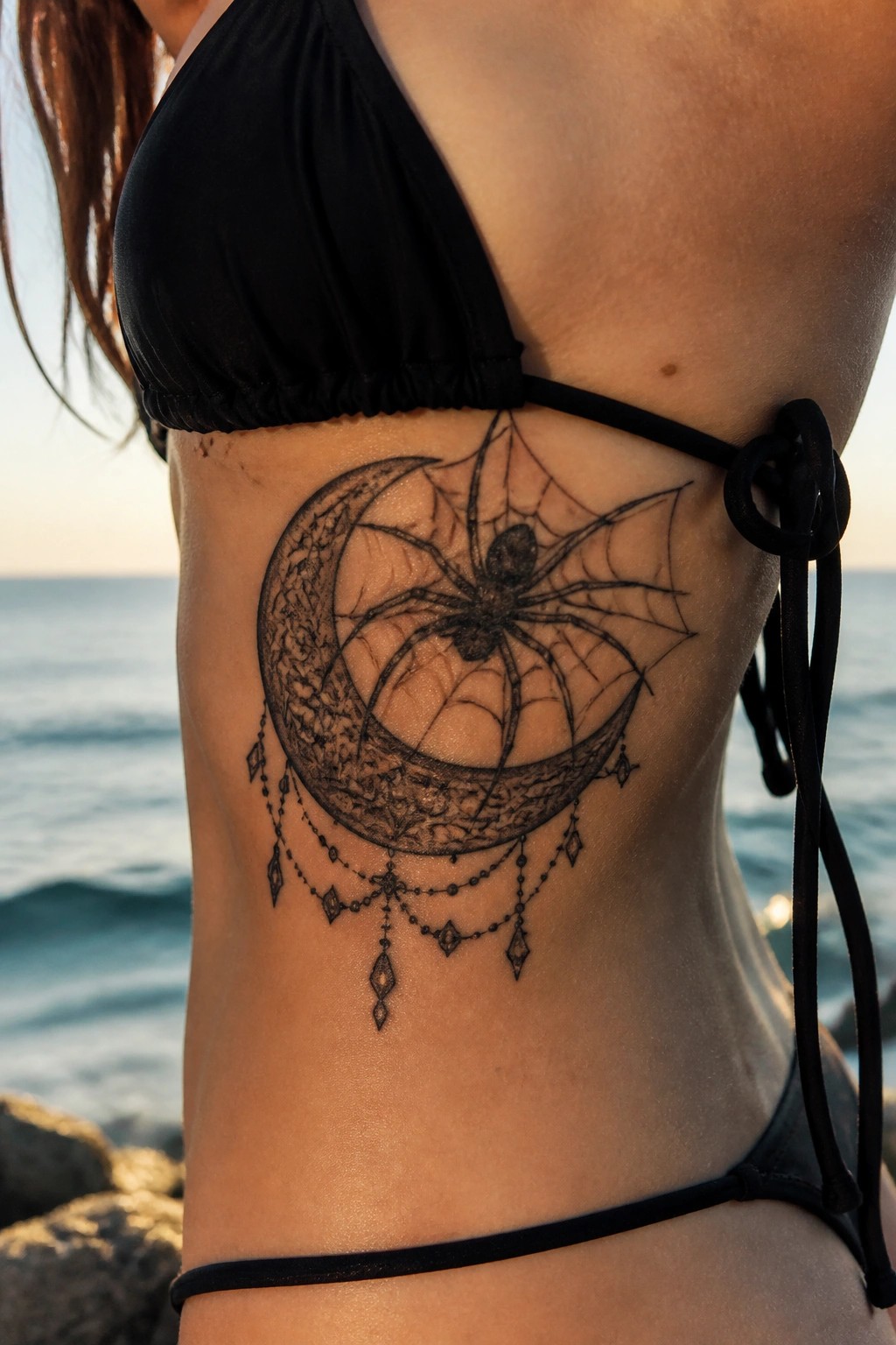 Black bikini torso with spiderweb crescent moon tattoo against ocean backdrop.