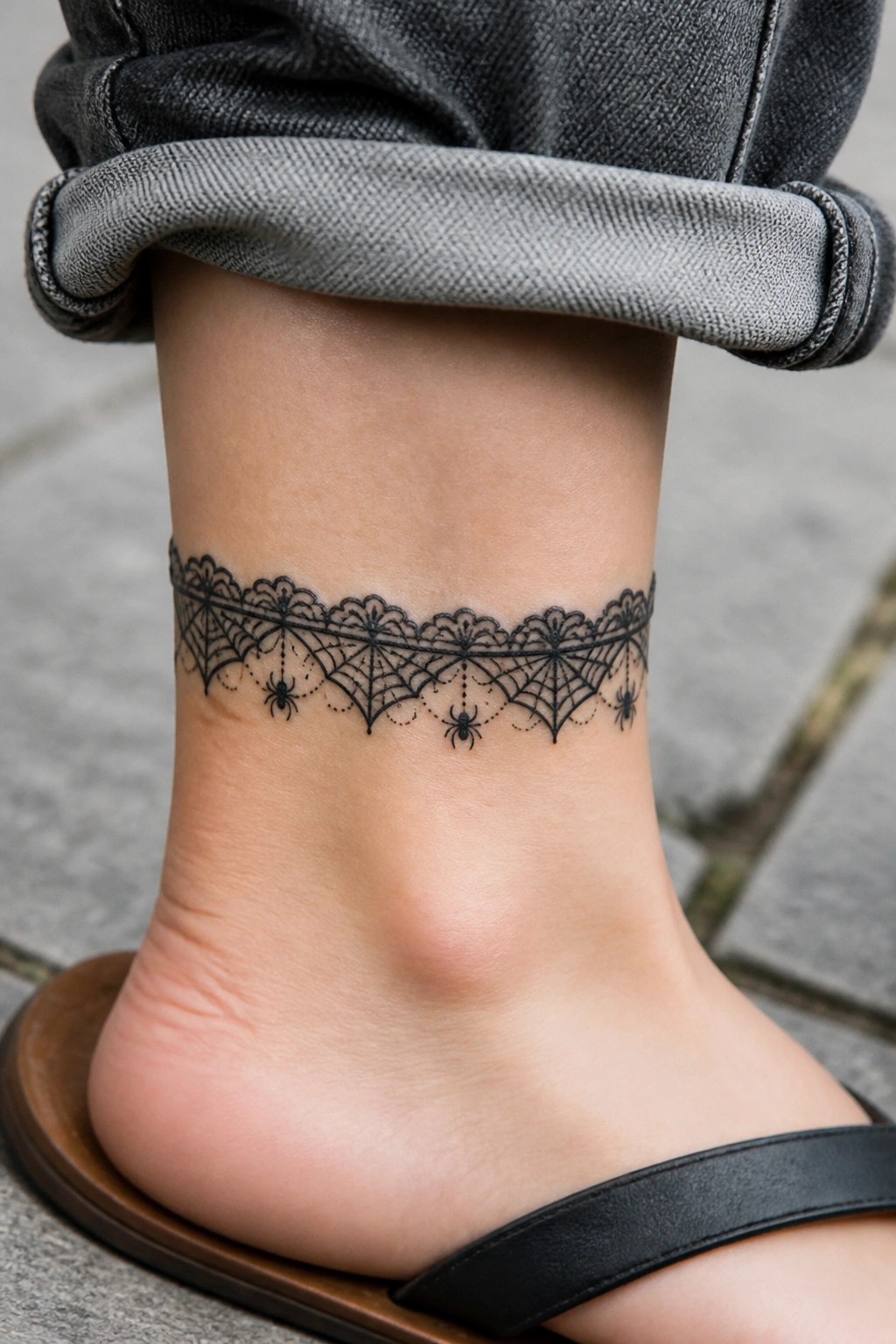 Black spiderweb tattoo with spiders on ankle under rolled gray jeans
