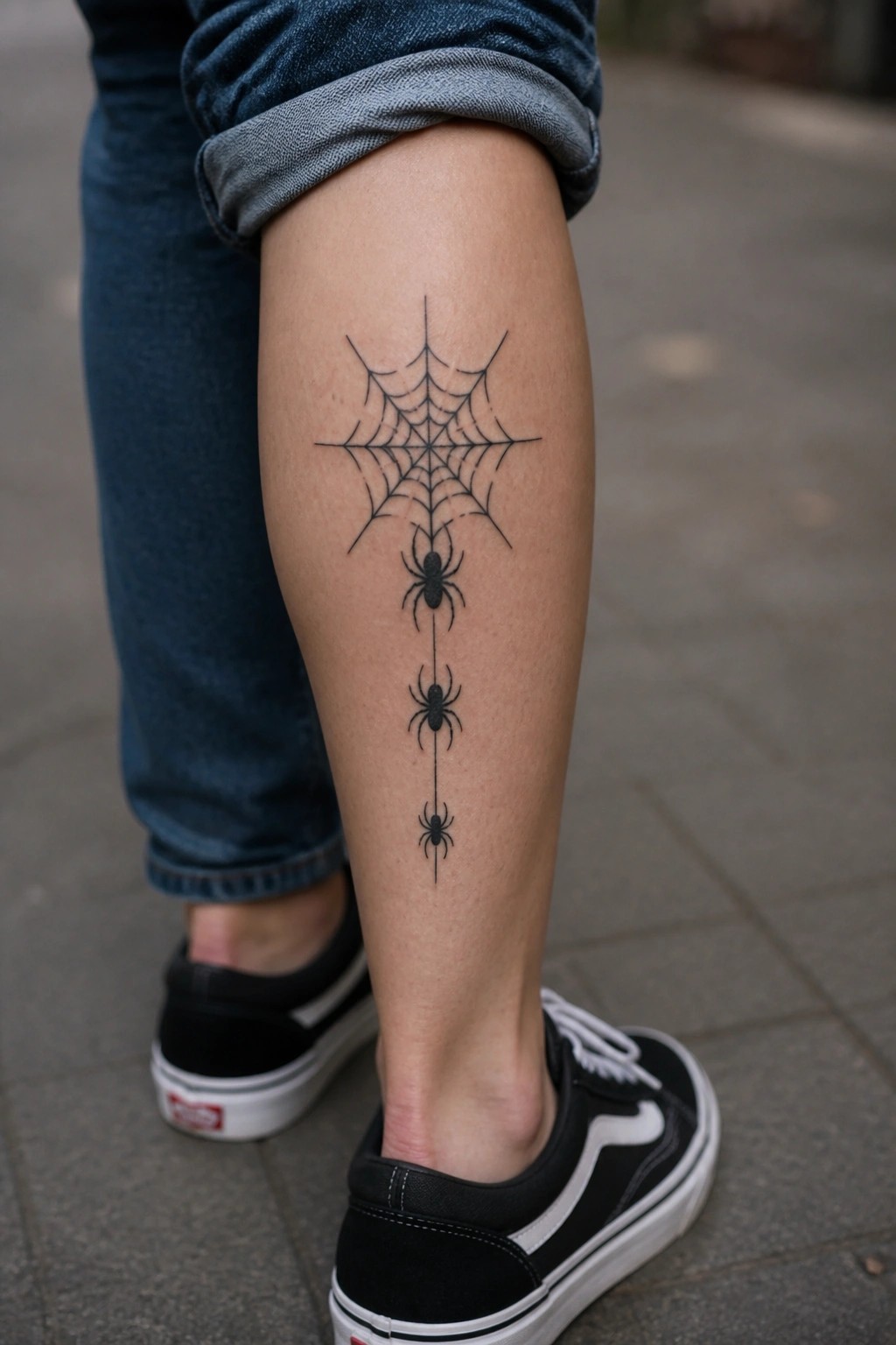 Black ink spider web tattoo on the shin with three spiders hanging down on vertical threads