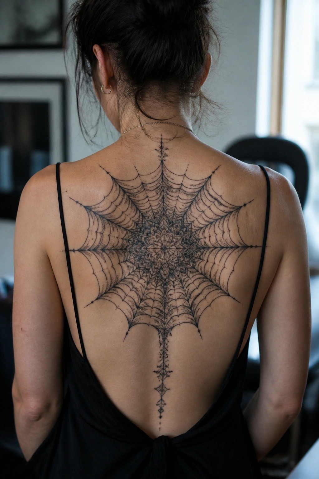 Woman's back with large intricate spiderweb tattoo over black backless dress