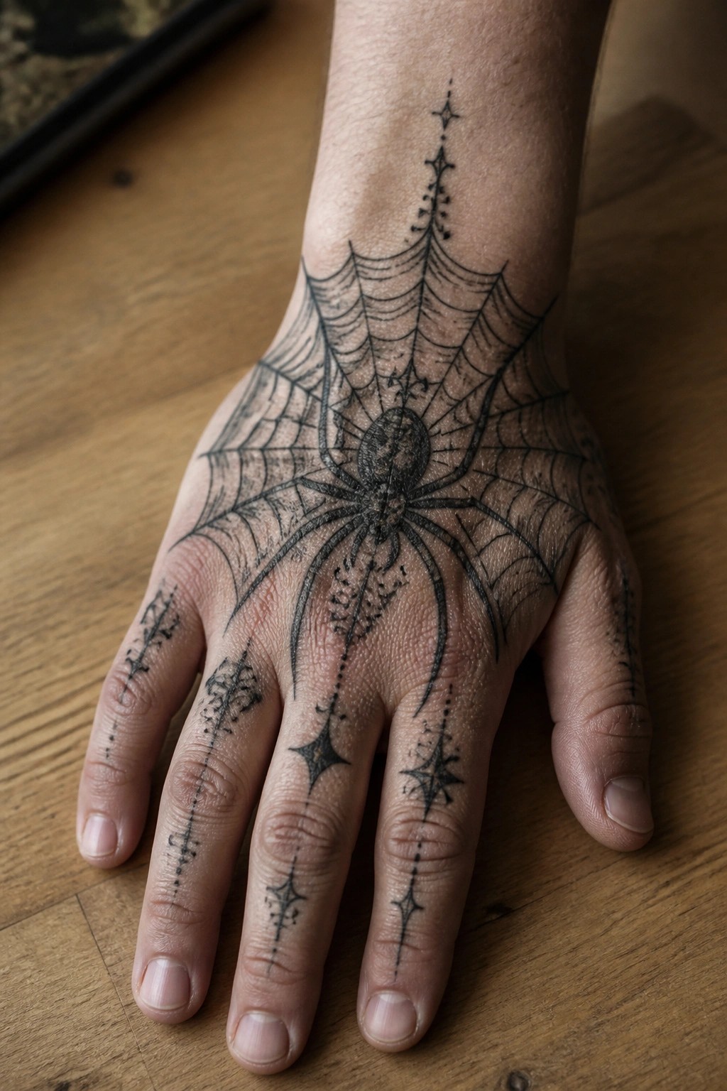 Black ink spider and web tattoo on the back of a hand with the spider centered and smaller web and star details on the fingers.