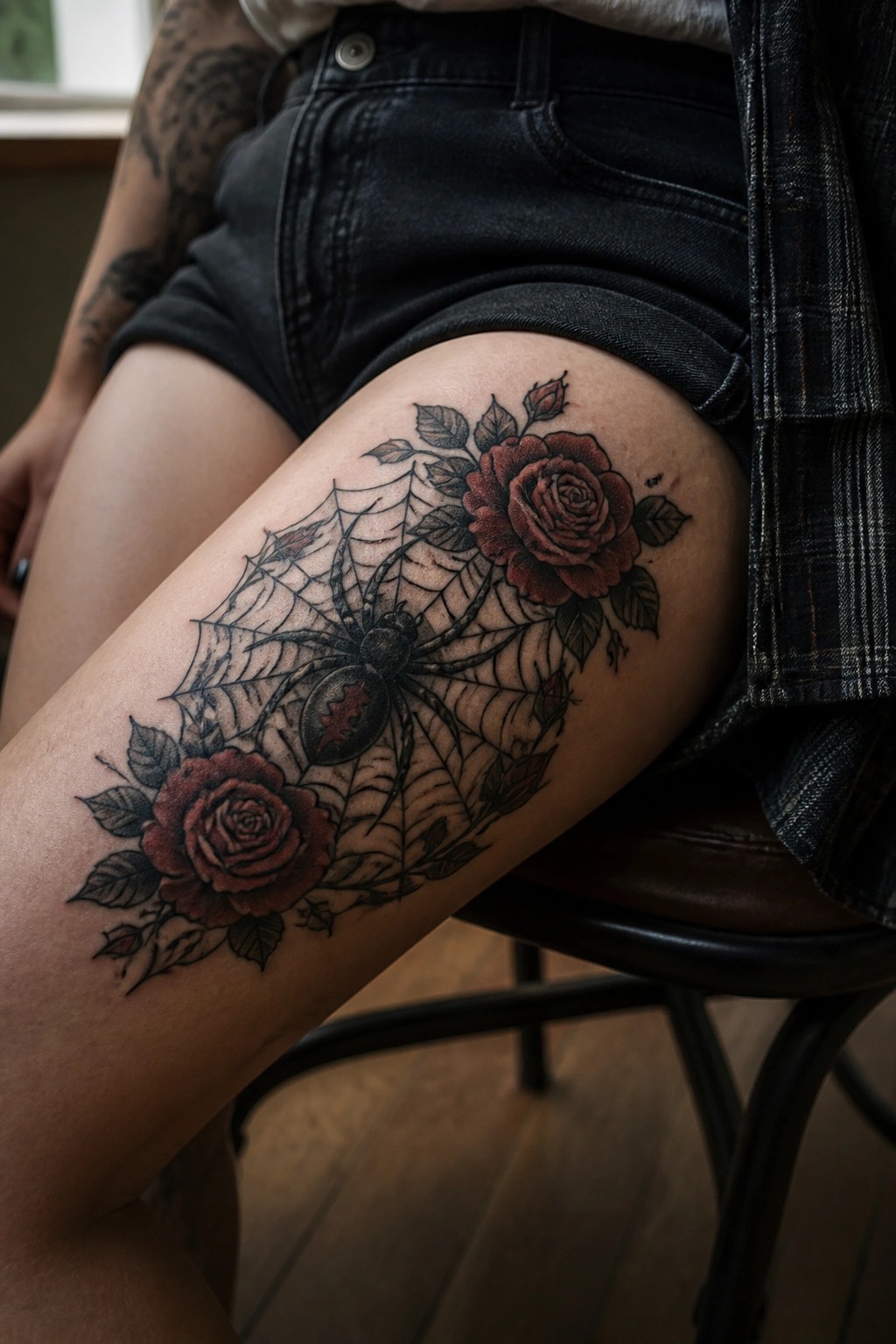 realistic spider and web tattoo on the thigh with red roses around the edges