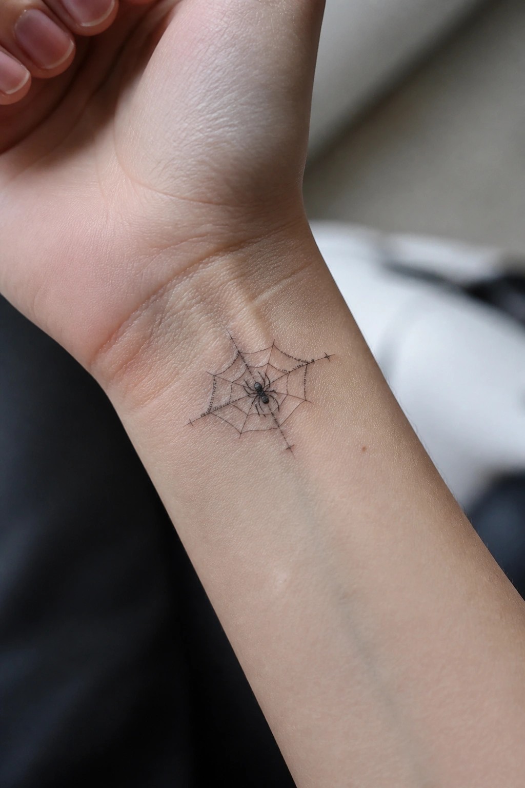 Wrist with delicate black spider web tattoo and central spider on light skin.