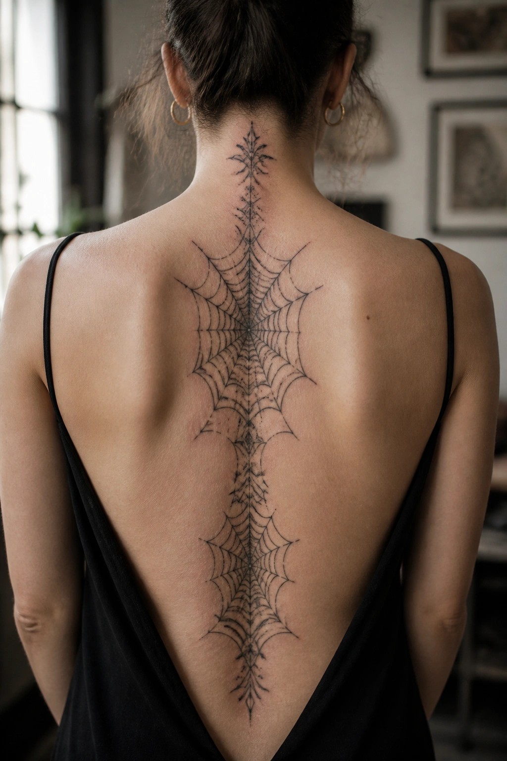 Black spiderweb tattoo running vertically down the spine from the neck to the lower back on a person in a black top.