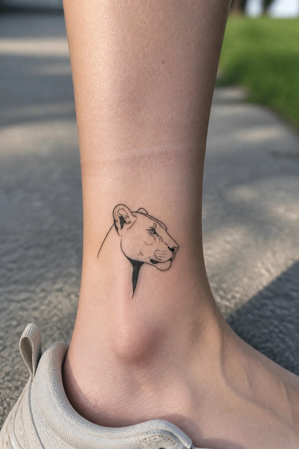 Black line lioness tattoo on ankle above beige sneaker on pavement.
