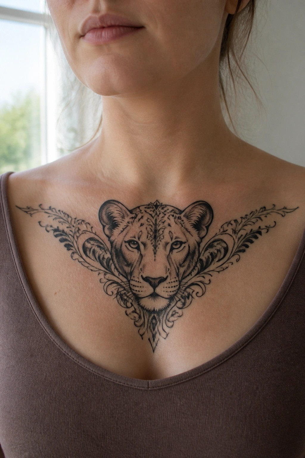 Blackwork lioness tattoo centered on a woman's upper chest with symmetrical ornamental extensions on each side.