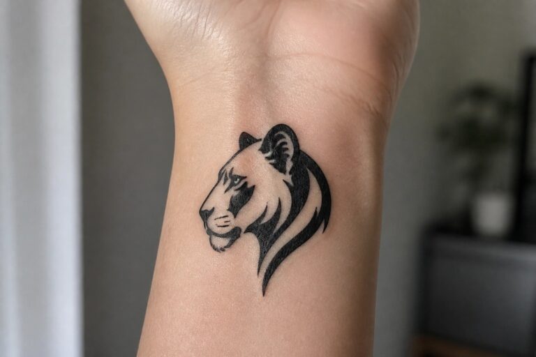 Black lion head tattoo on inner wrist below clenched fist
