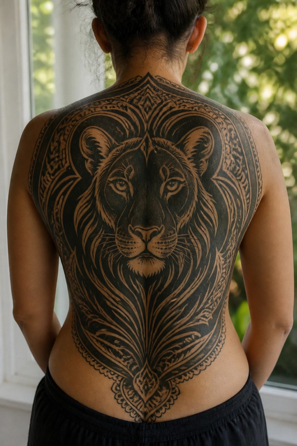 Woman viewed from behind showing a large symmetrical blackwork lioness face tattoo covering the full back with detailed patterns extending to the shoulders and lower spine.