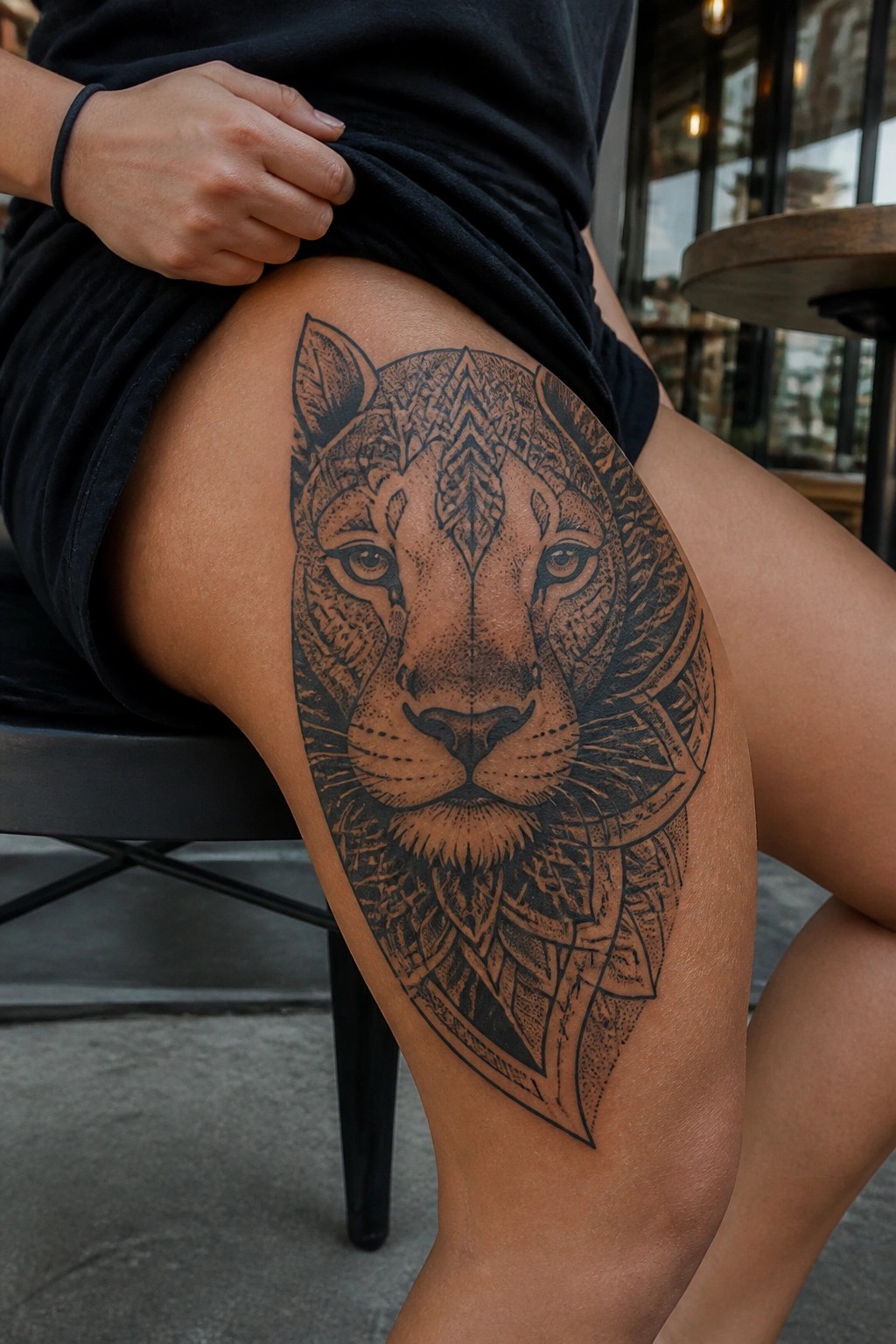 Large ornate lion tattoo on thigh under black shirt, seated indoors