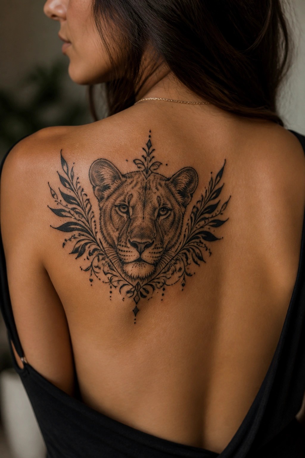 Blackwork lioness tattoo centered on a woman's upper back with symmetrical leaf details framing the face