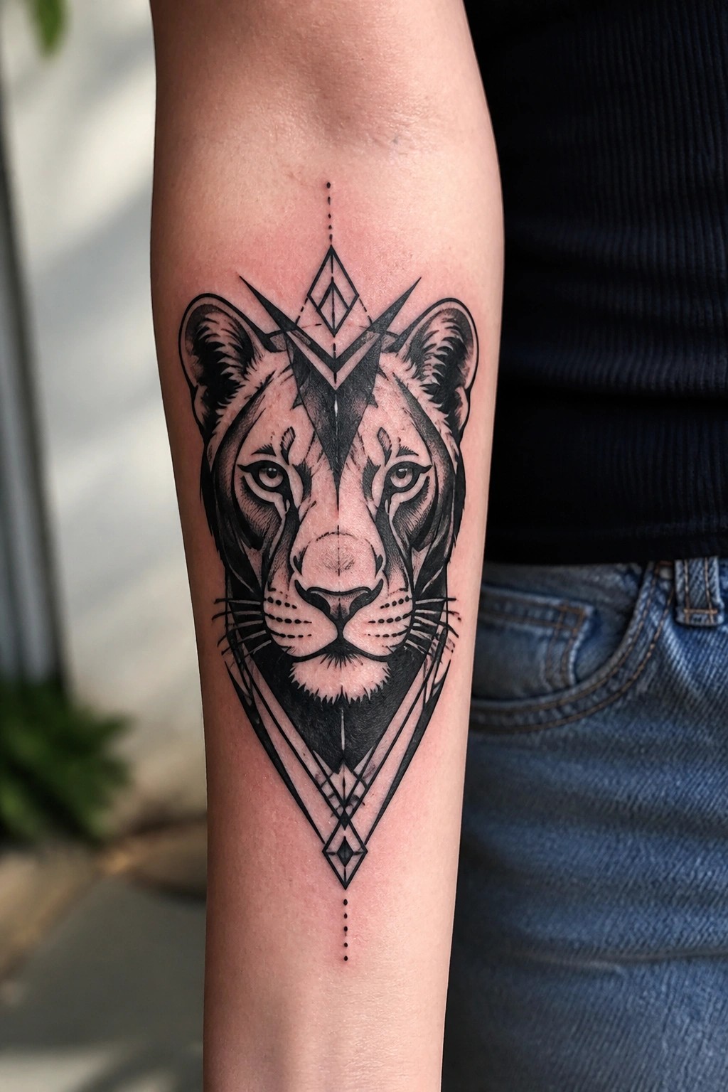 Geometric black-and-white lioness tattoo with diamonds on forearm above jeans