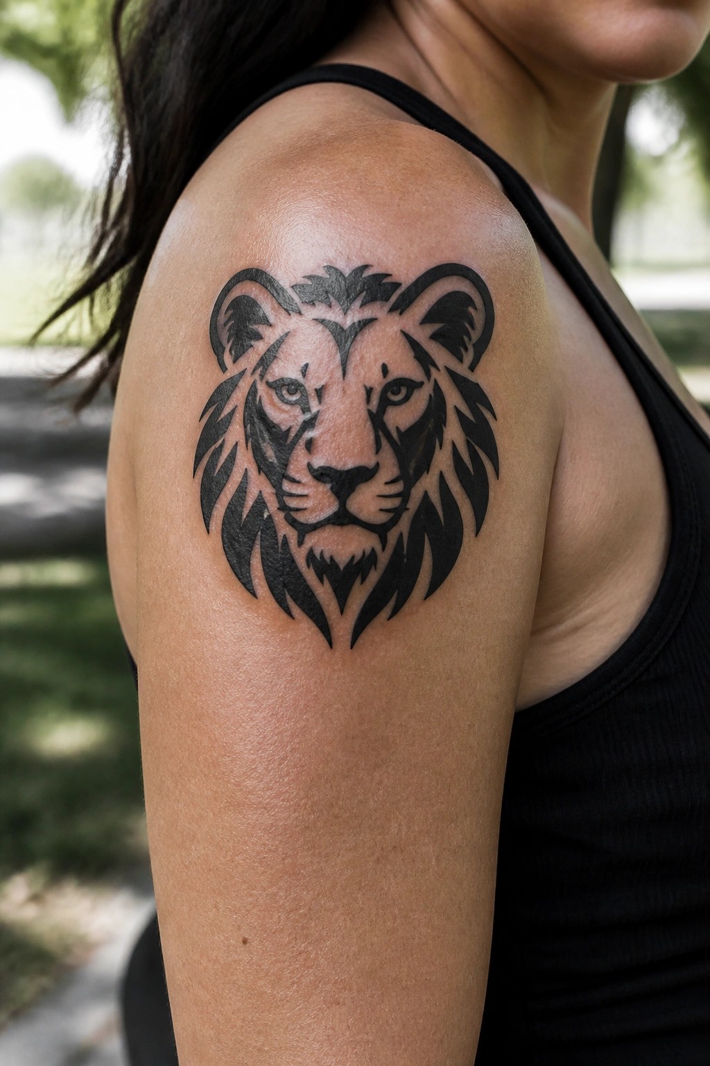 Black lion head tattoo on shoulder above black tank top strap.