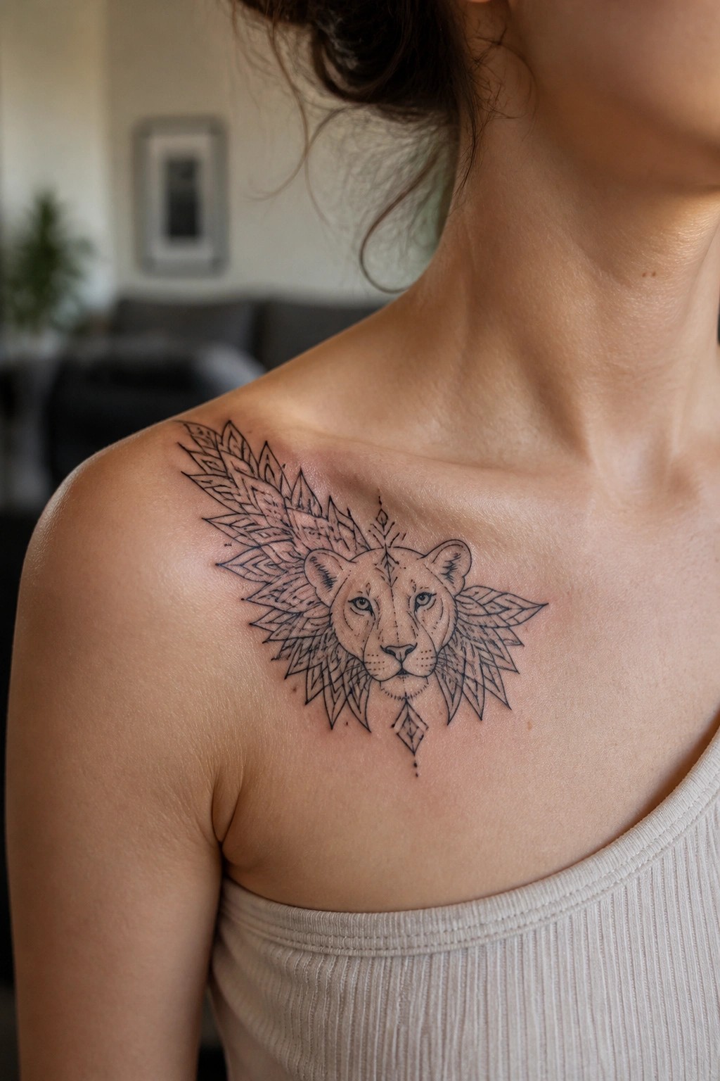 Lioness face tattoo with geometric patterns on shoulder above beige top