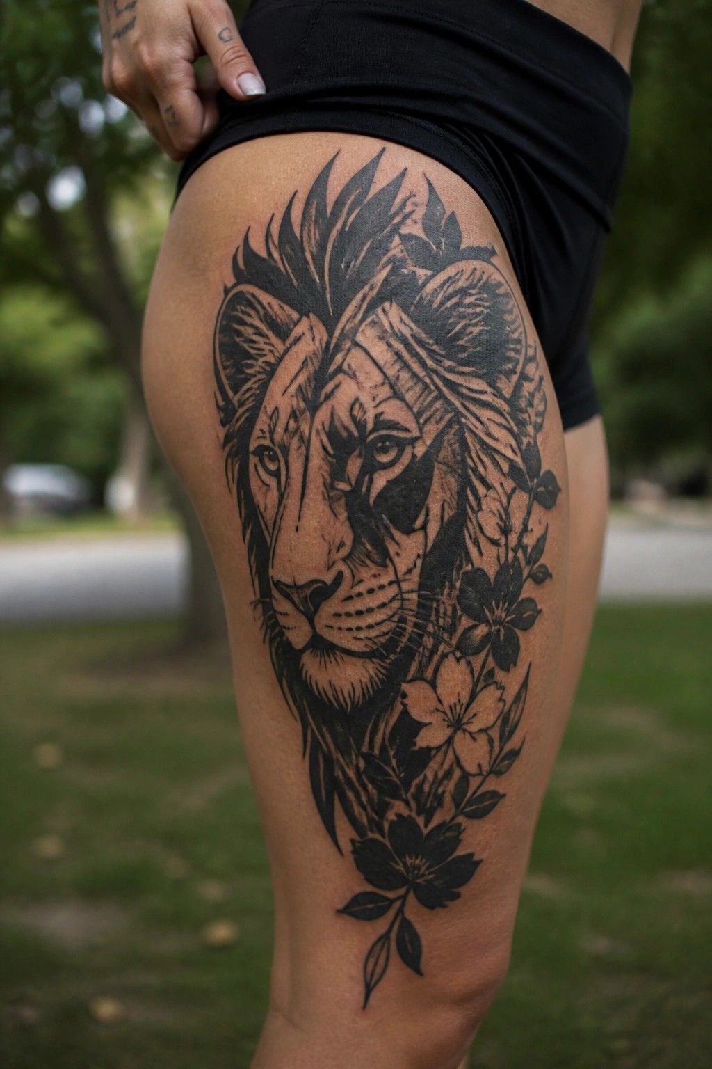 Lion head tattoo with flowers on thigh, black shorts, tattooed hand on hip
