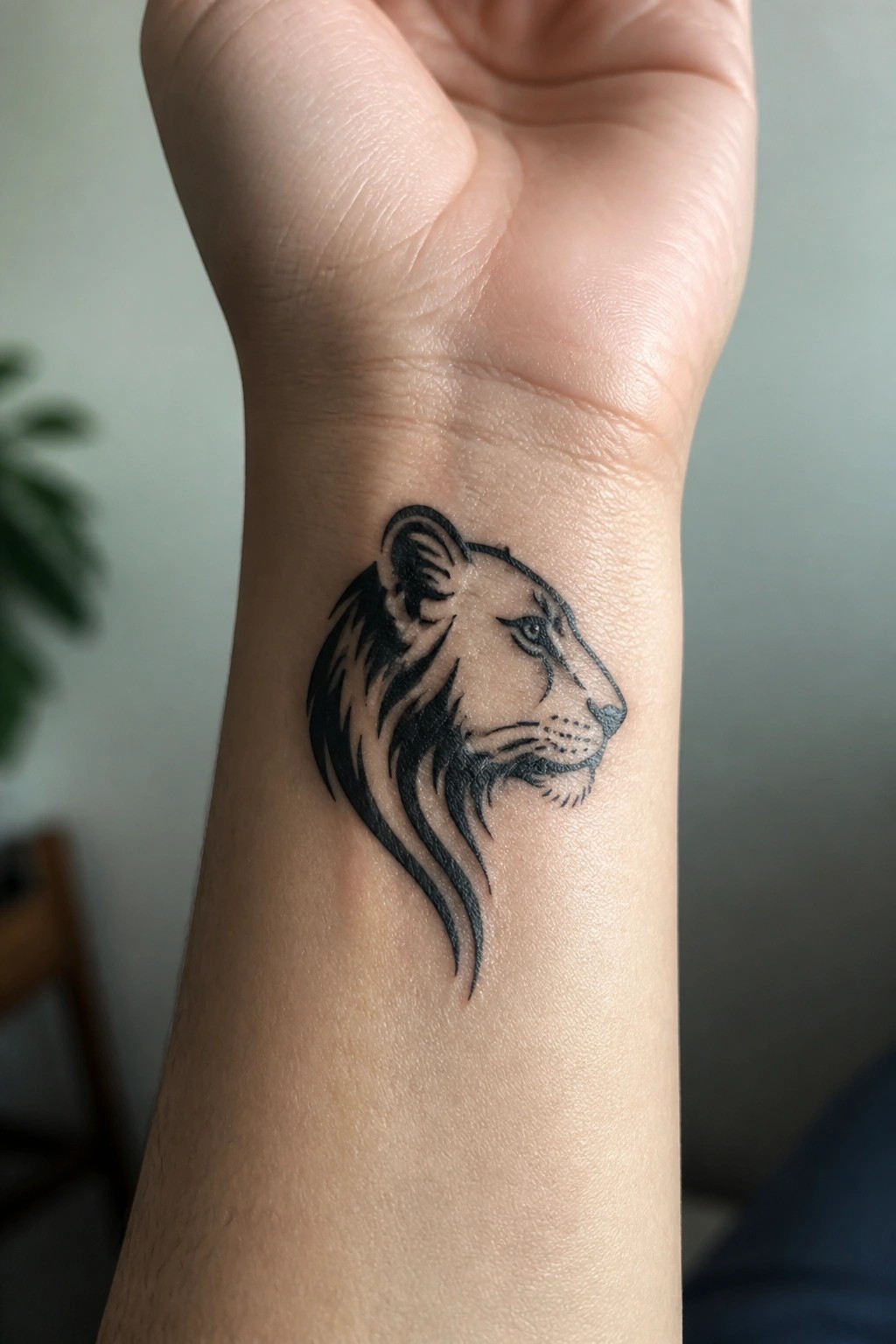 Black lion head tattoo on inner wrist below clenched fist