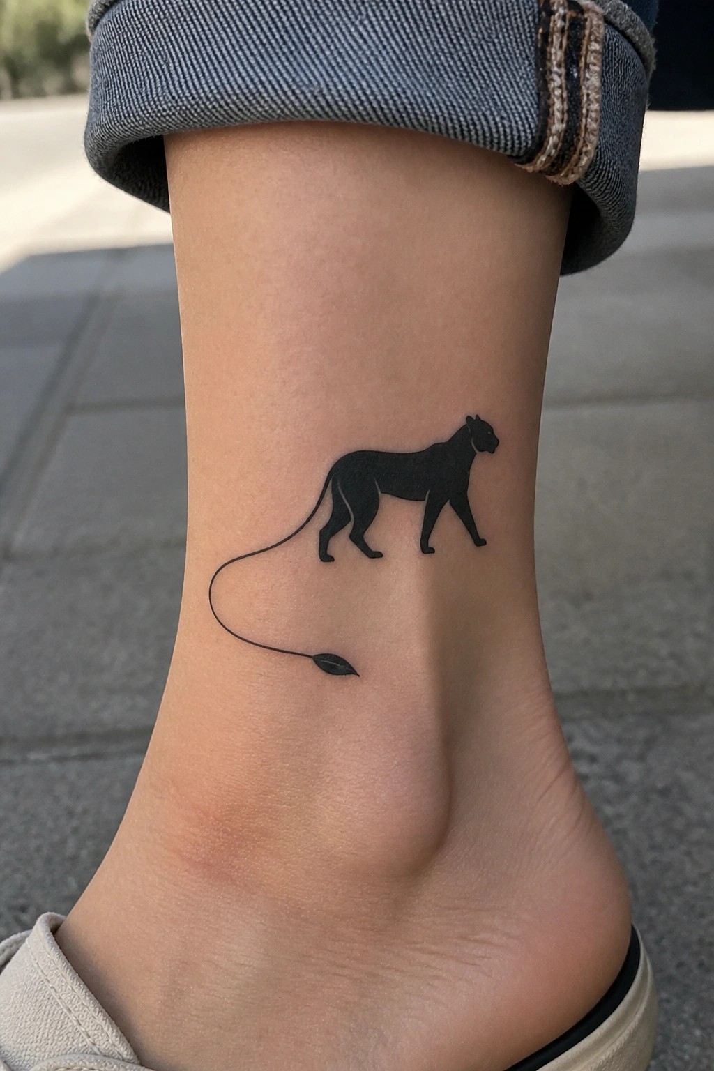 Black silhouette of a walking lioness tattoo on the ankle with a long tail ending in a leaf shape.