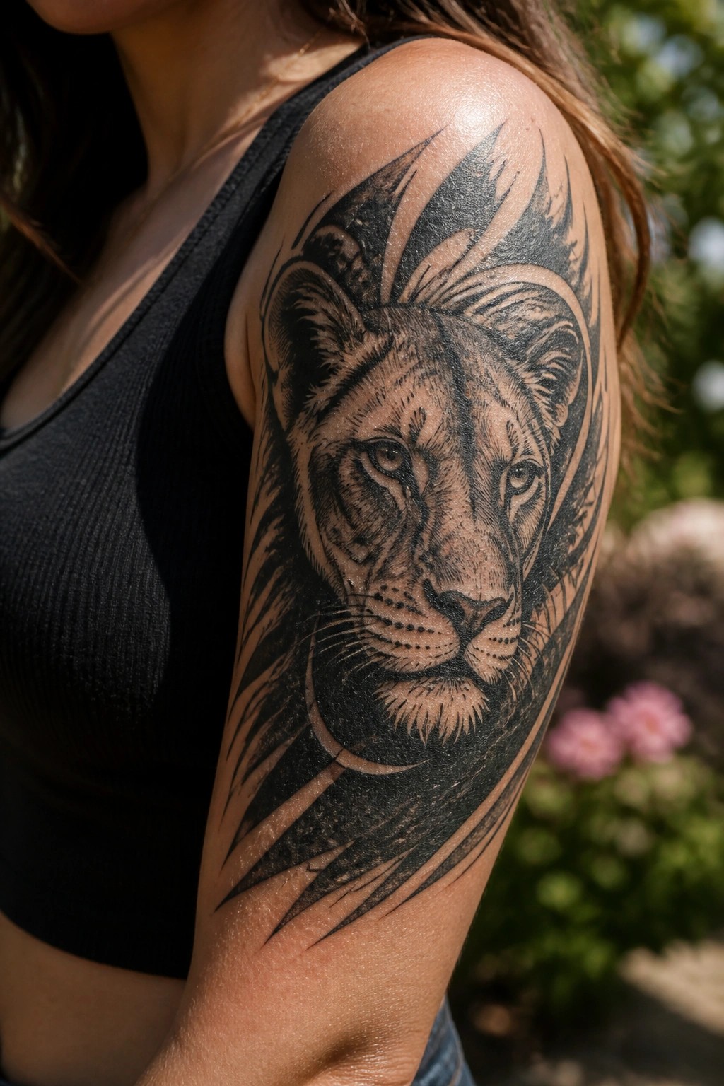 Woman's shoulder with large black-and-gray lion tattoo and abstract flame designs