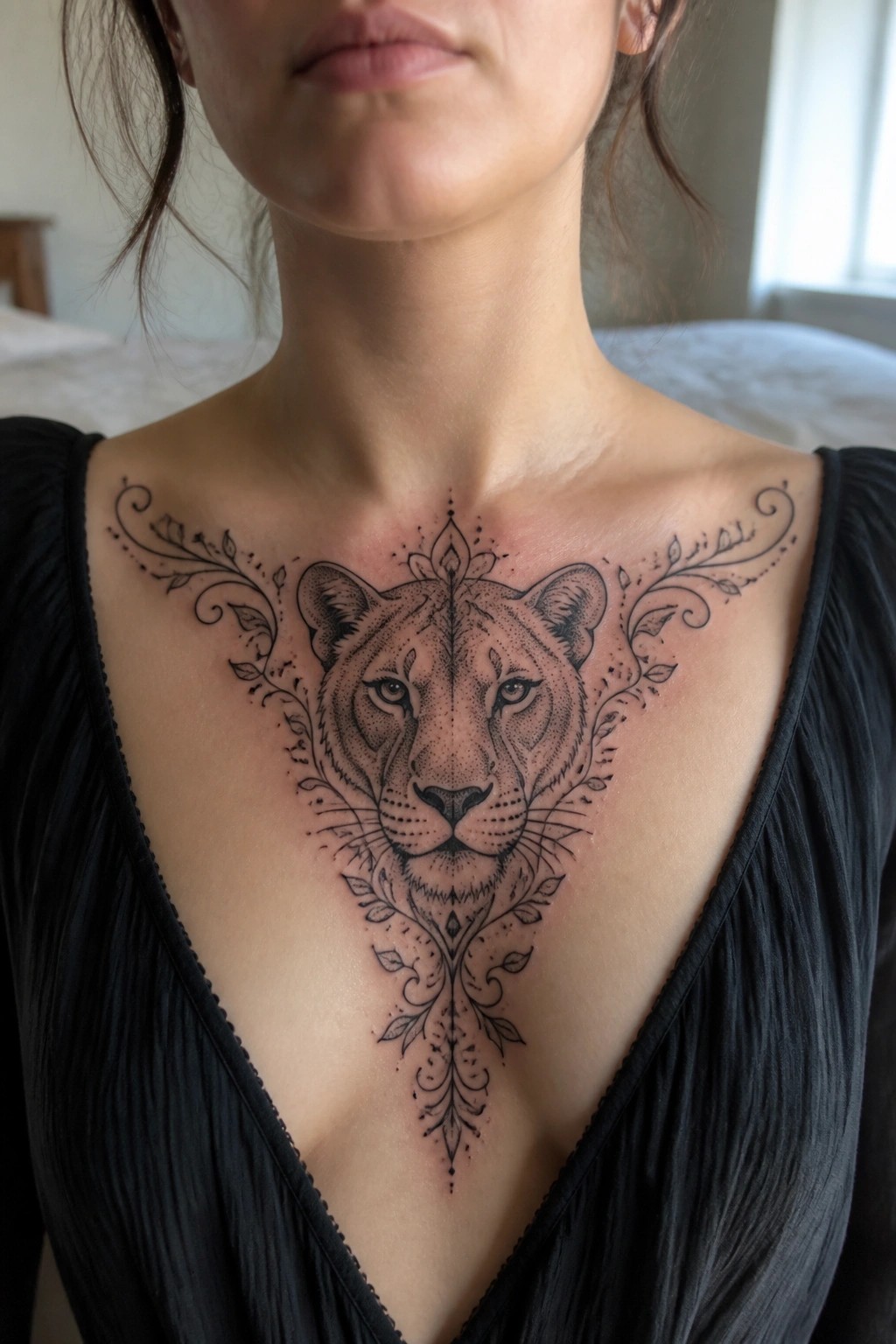 Blackwork lioness tattoo centered on a woman's chest with symmetrical floral details and dotwork shading.