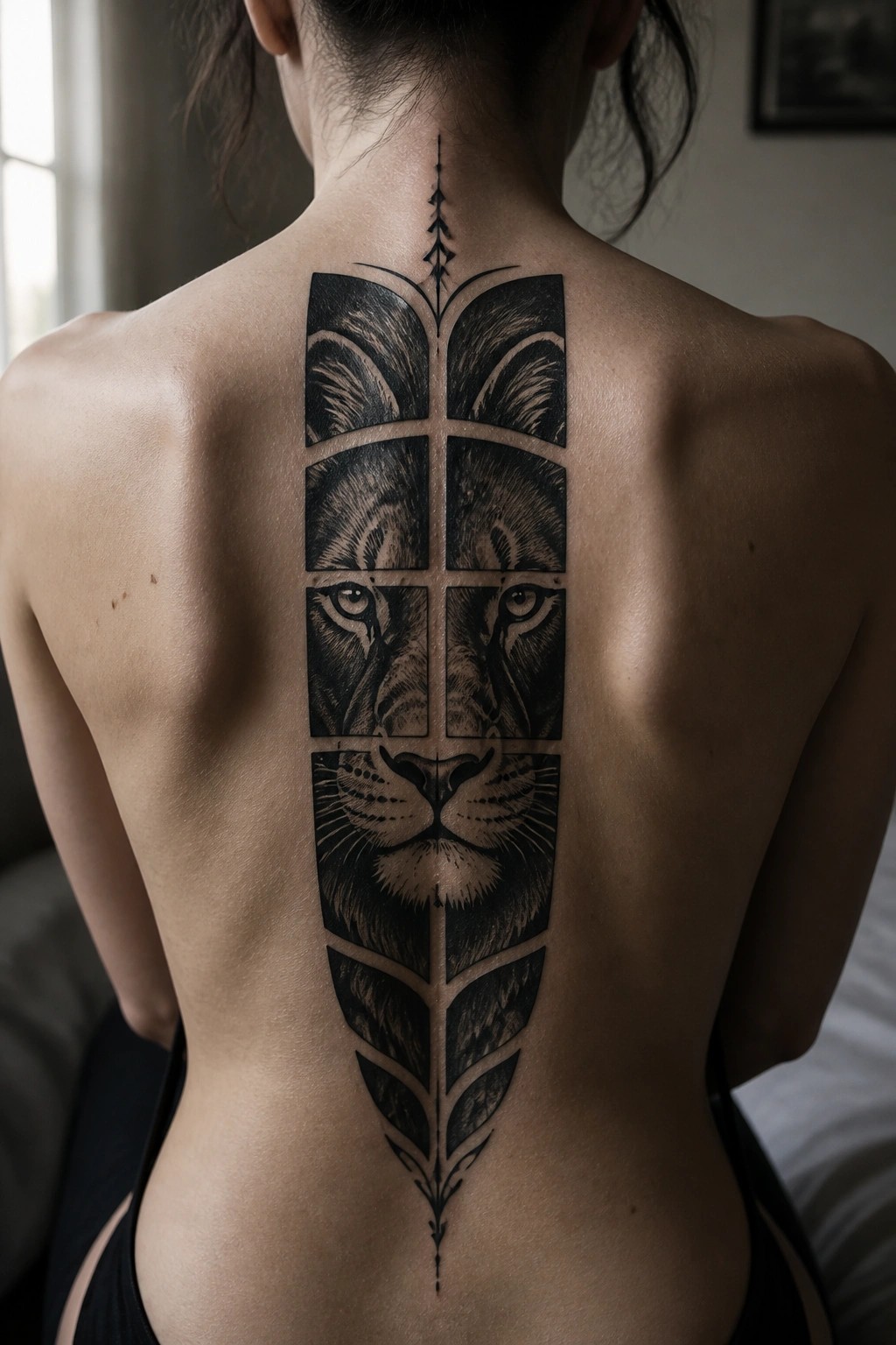 Geometric black lion tattoo spans a woman's bare back vertically.