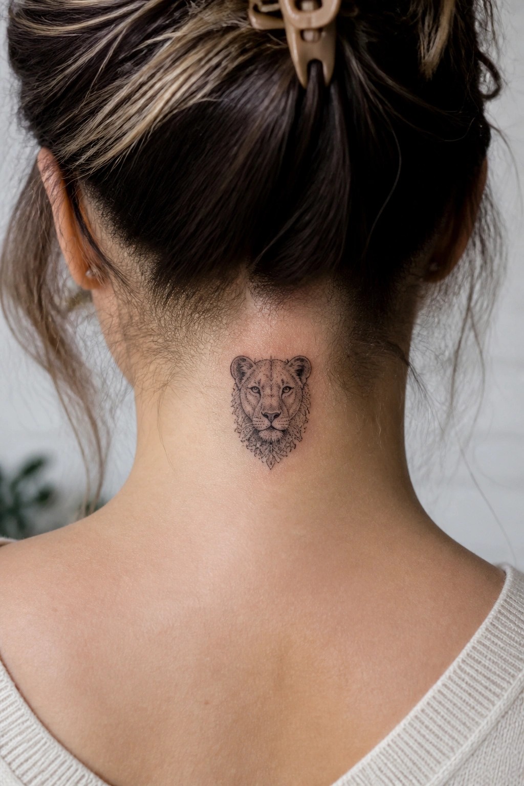 Blackwork lioness head tattoo centered on the back of a woman's neck with hair in a bun.