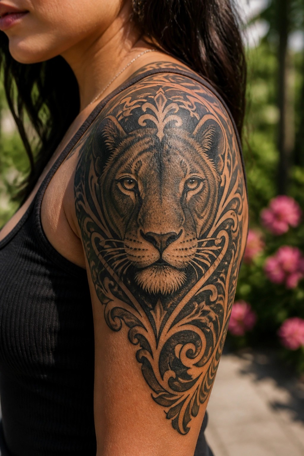 Woman's shoulder with detailed lion face tattoo and ornate filigree in black tank top