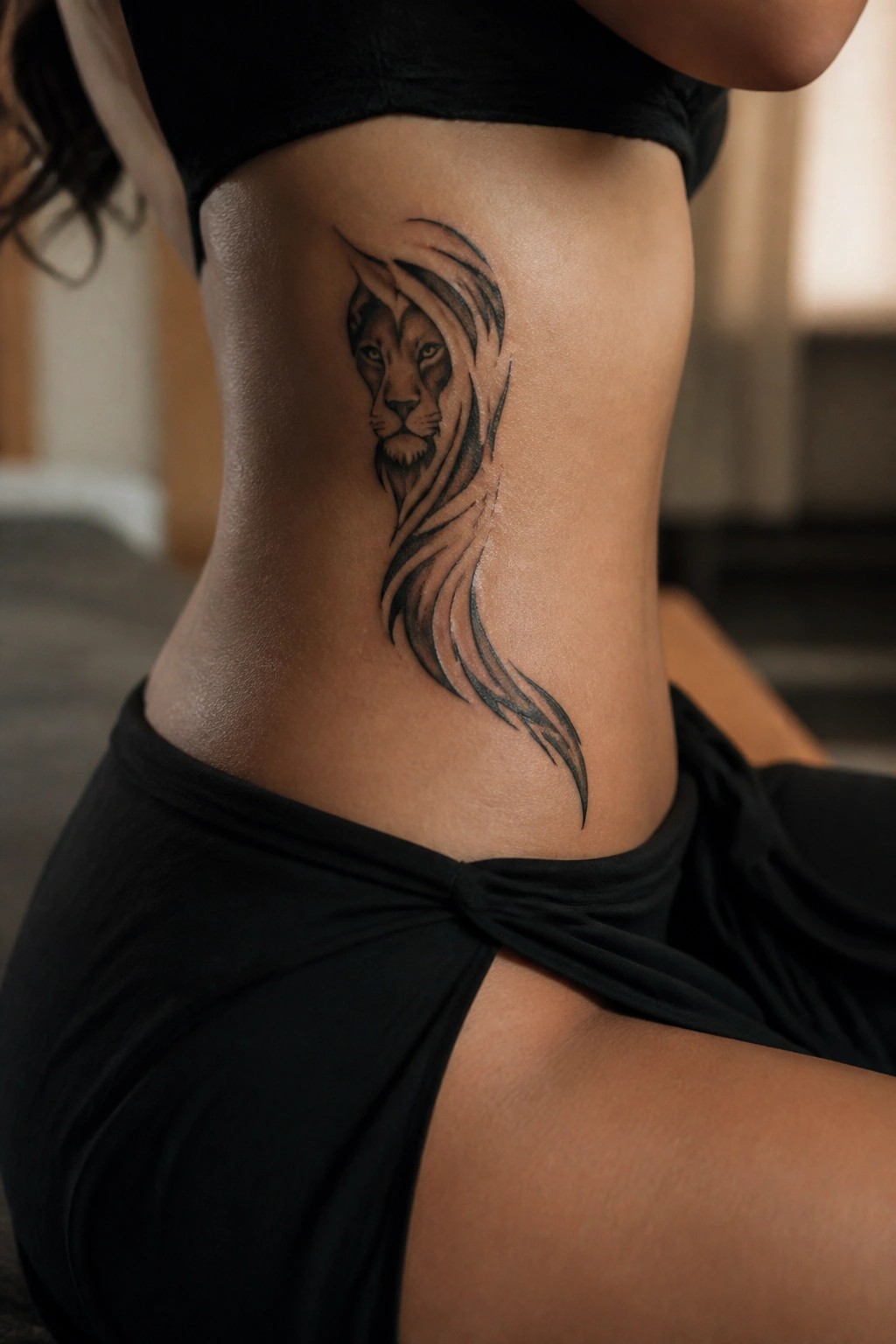 Stylized black lion tattoo with flowing mane on woman's side torso.