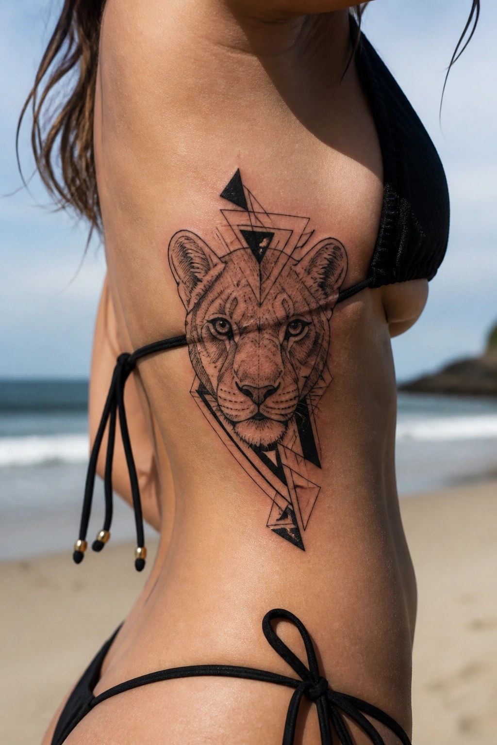 Woman’s torso in black bikini with geometric lioness tattoo on beach.