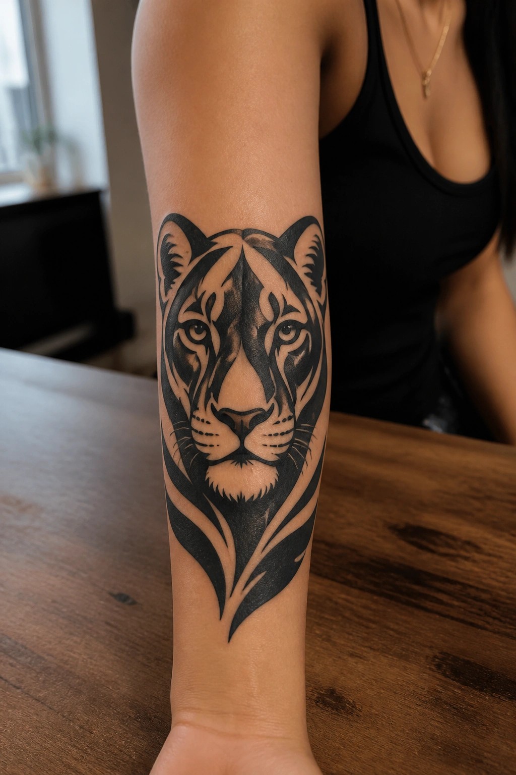 Black tiger tattoo on forearm of woman in black tank top