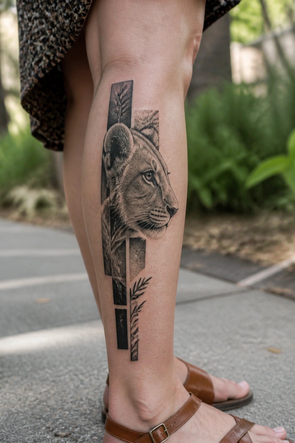 Blackwork lioness tattoo on the shin featuring a side profile face framed by vertical black bars and small leaf motifs.