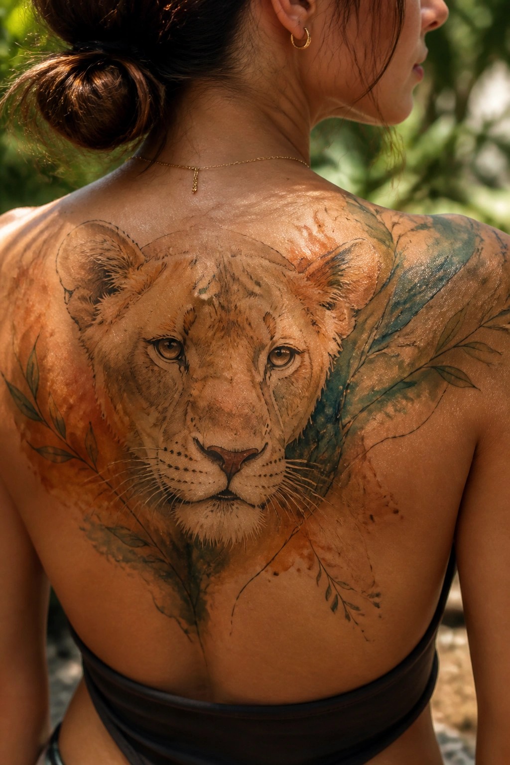 Woman's back with large watercolor lion tattoo amid green leaves