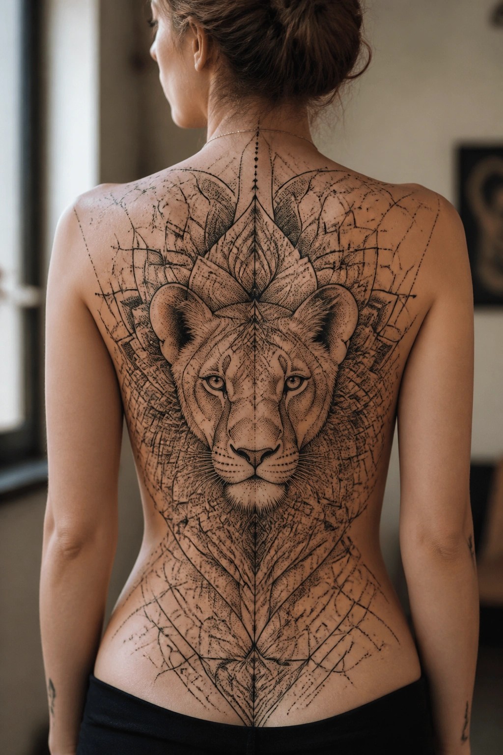 Woman's bare back with symmetrical lion face and geometric tattoo patterns