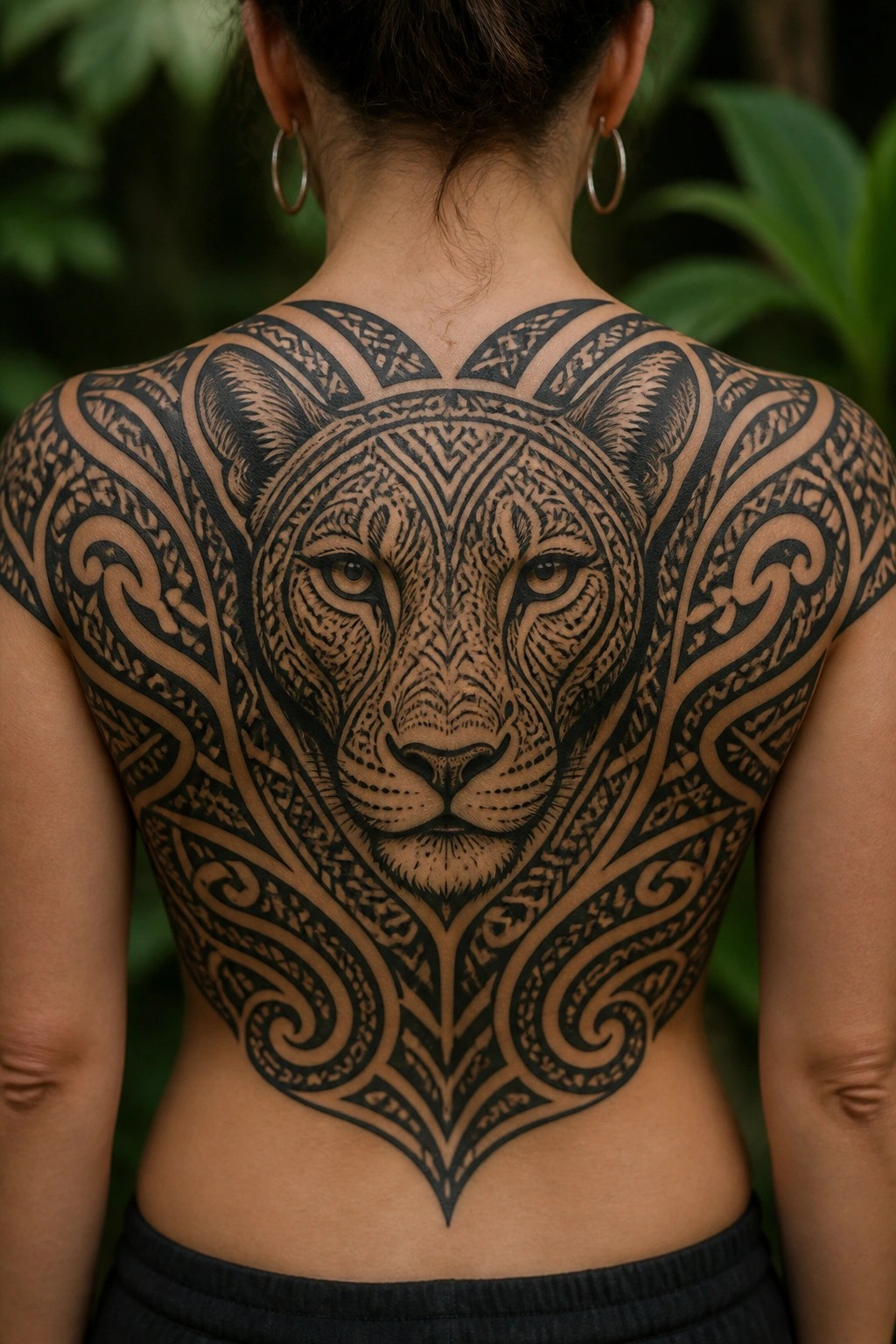 Woman's back with large detailed lion tattoo and tribal patterns outdoors.