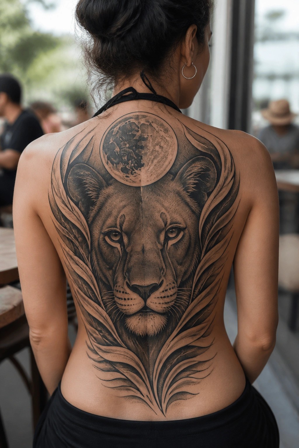 A large black and grey lioness tattoo with a moon above it covering a woman's full back