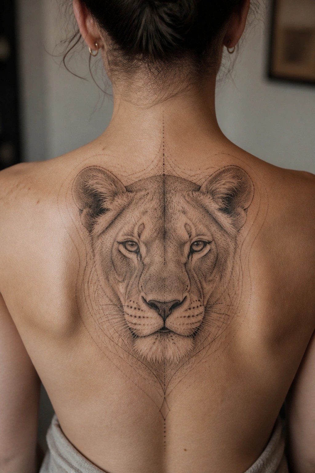 Black and grey lioness face tattoo on a woman's upper back, centered on the spine with symmetrical dotwork and thin geometric lines.