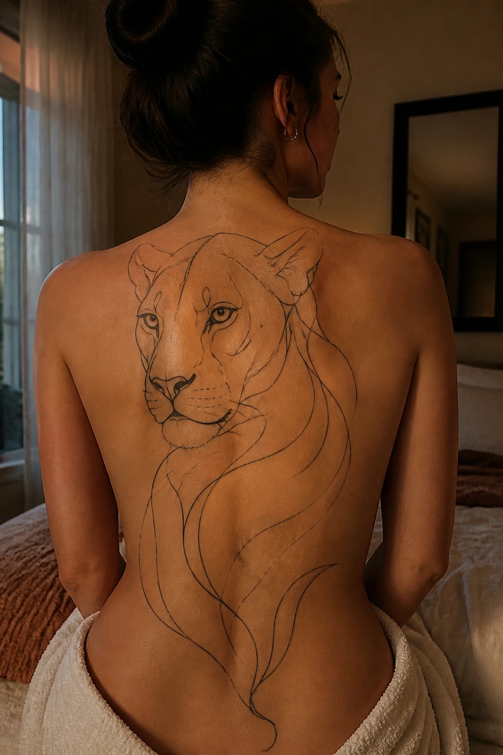 Woman seen from behind with a large line art lioness tattoo on her back, head positioned on the upper back and flowing lines extending down the spine.