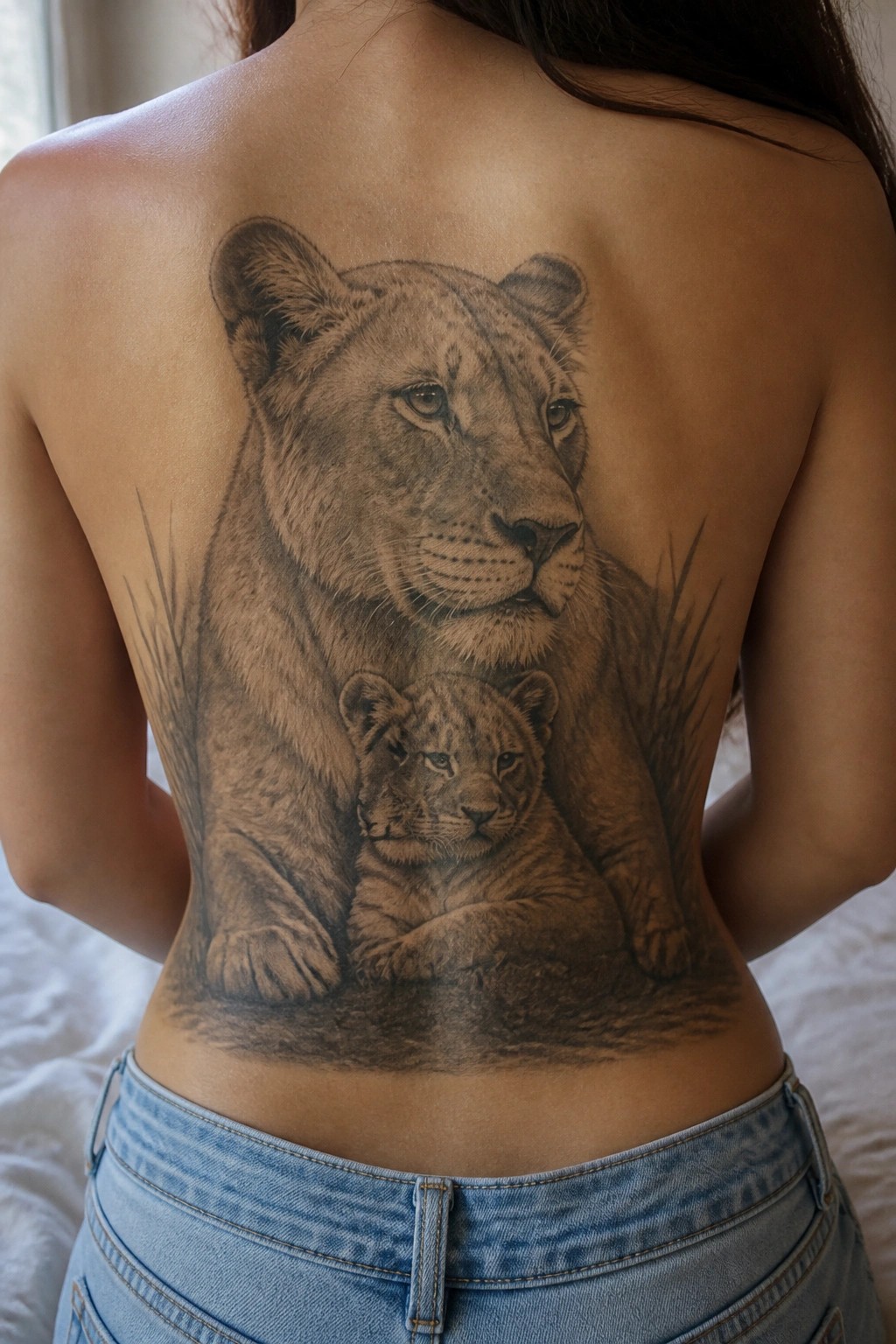 Large black and gray realistic tattoo of a lioness with a cub resting below her, covering most of a woman's back.