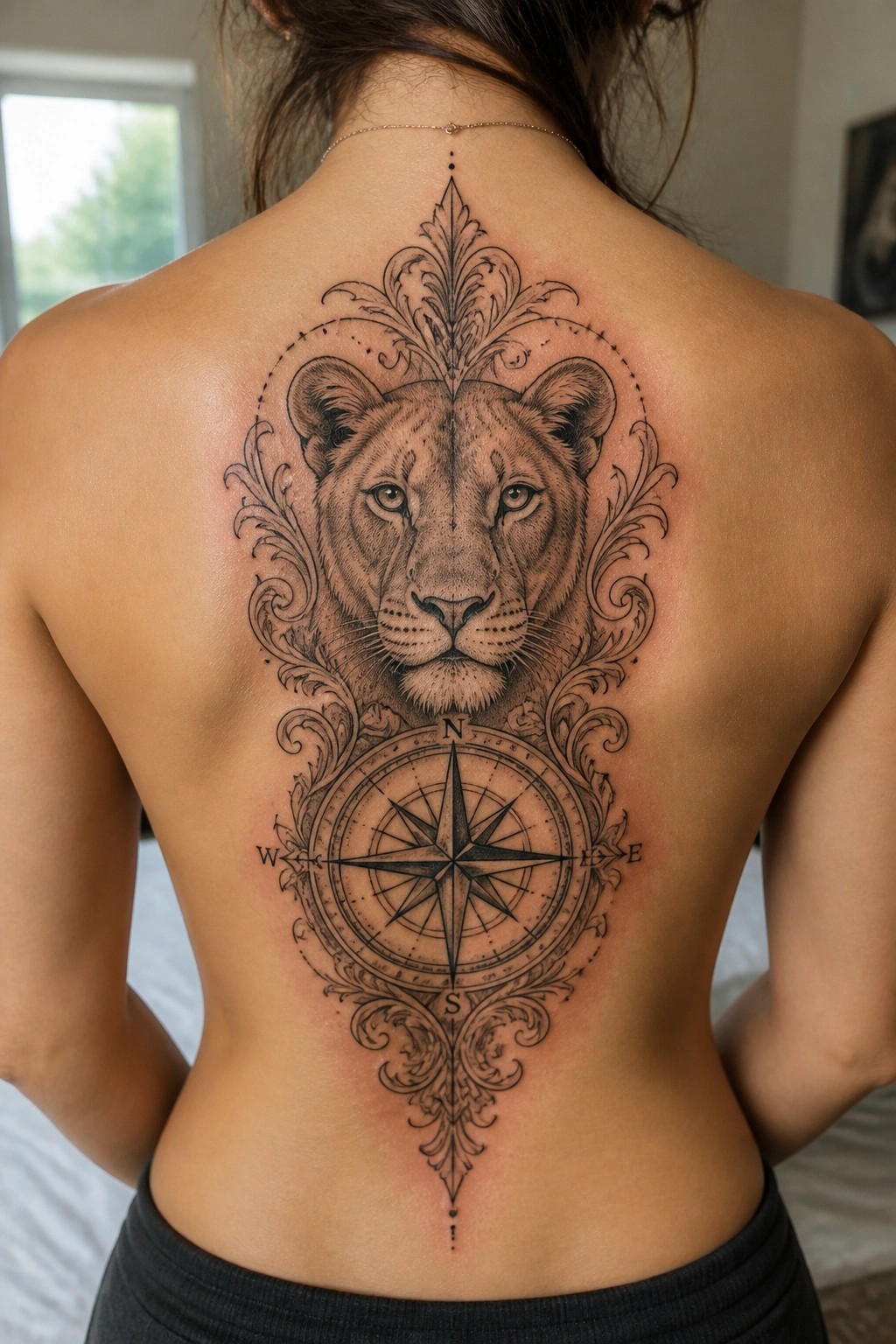 Woman's bare back with large lioness and compass rose tattoo.