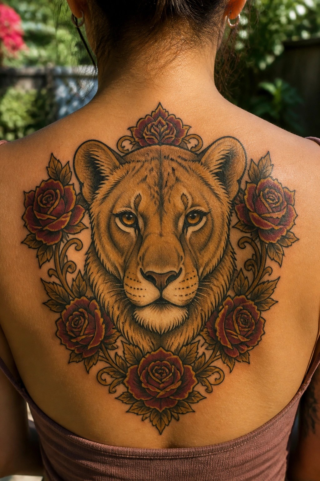 Realistic colored lioness head tattoo on a woman's upper back framed by red roses and leaves in a symmetrical layout