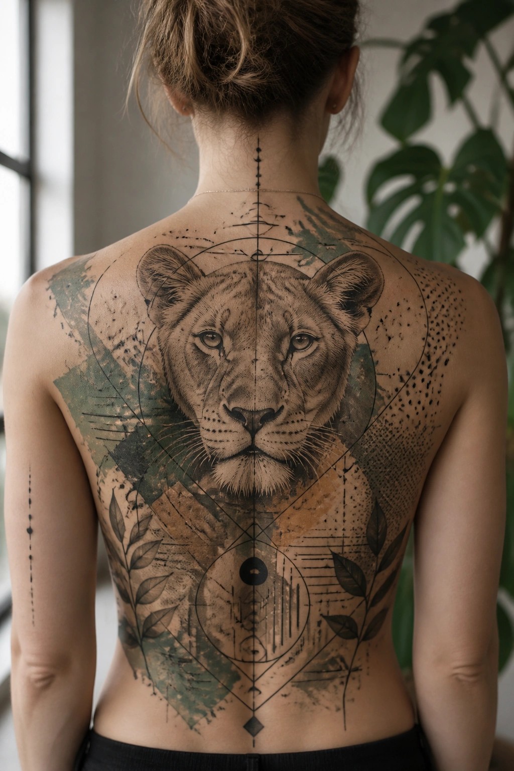 Woman's back with large lioness face tattoo amid geometric and leafy designs.