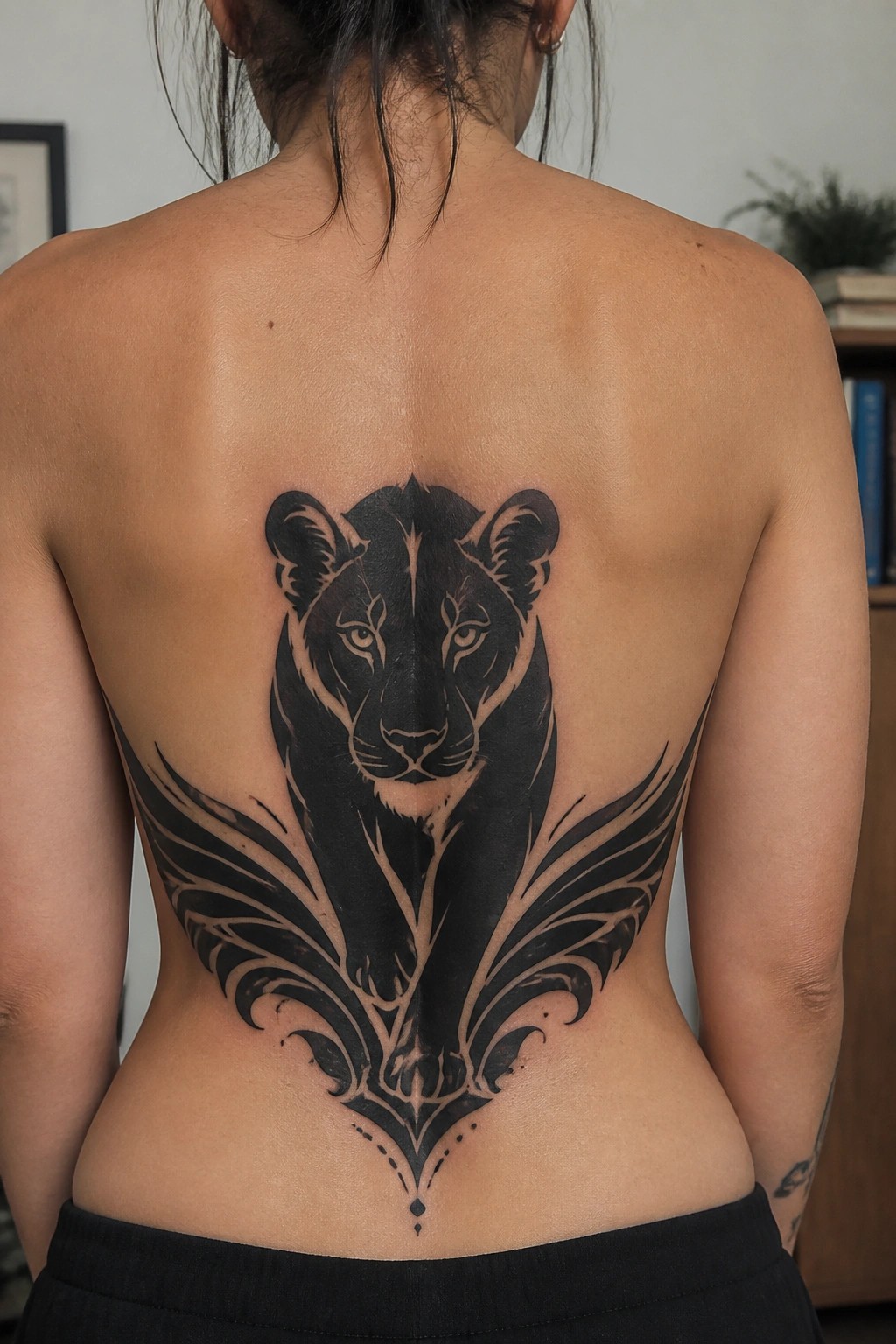 Woman's bare back with large black lioness tattoo and ornate wing patterns