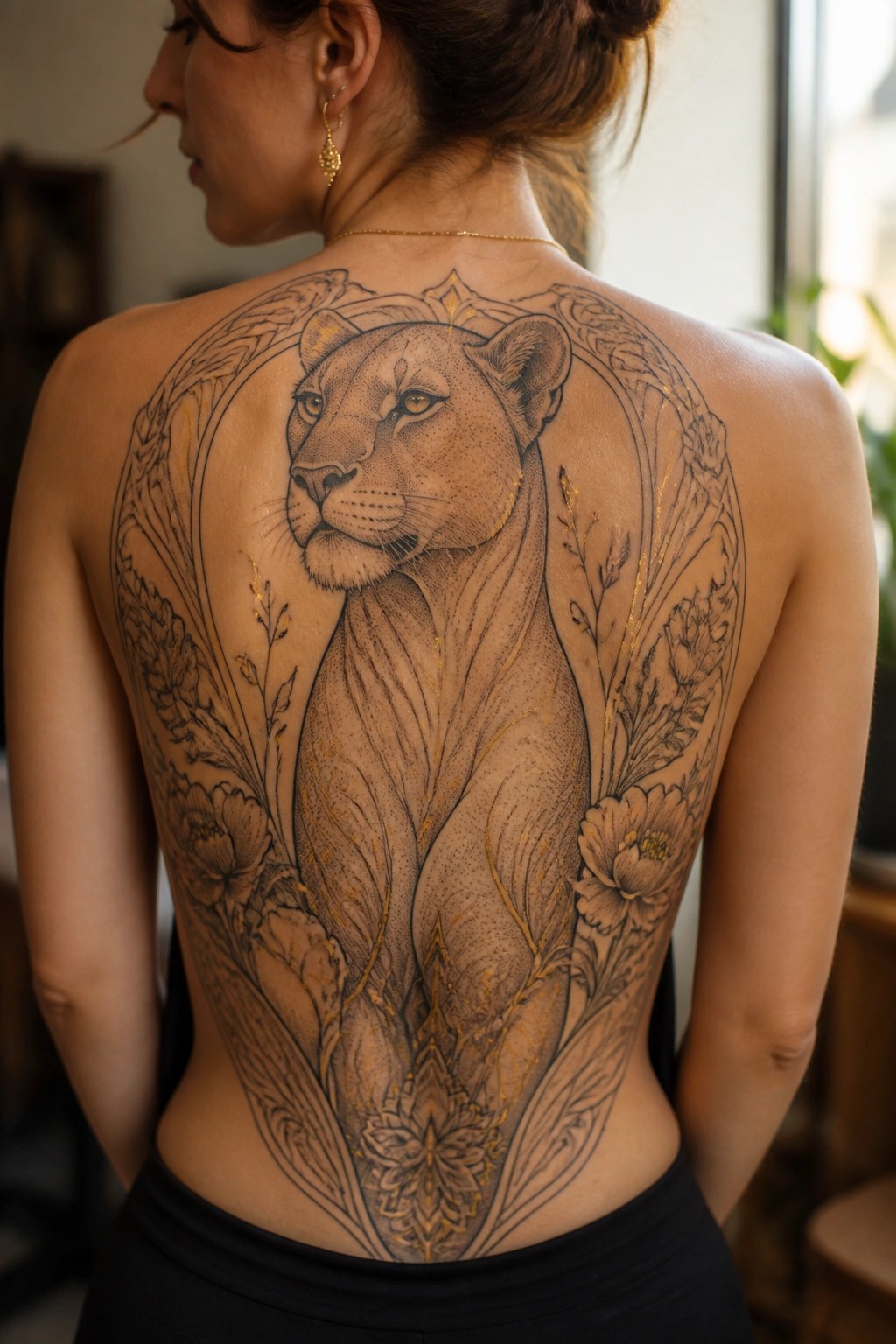 Woman showing a large lioness tattoo centered on her back with floral borders and gold highlights.