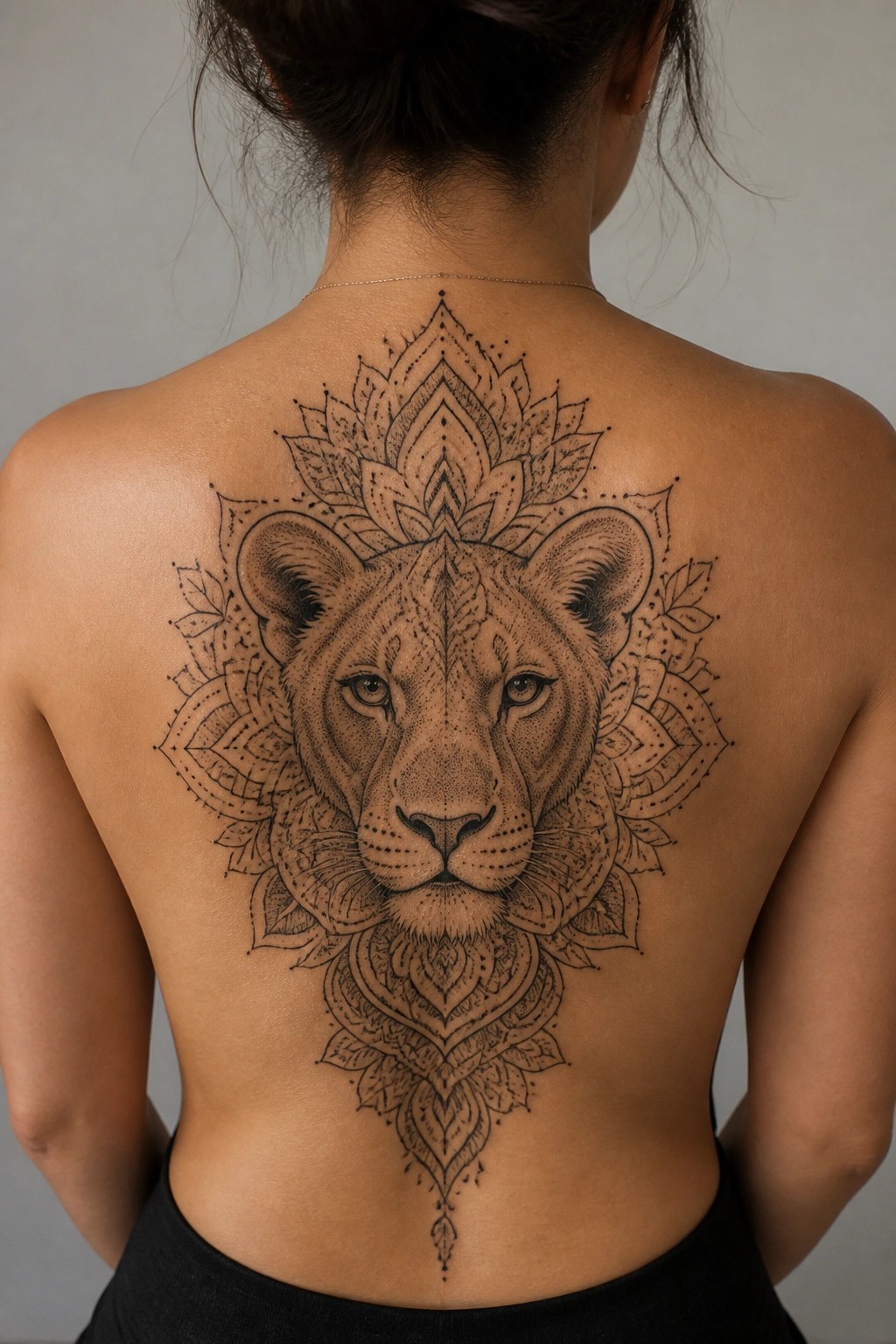 Woman's upper and mid back with a large centered lioness face tattoo framed by mandala patterns in black ink